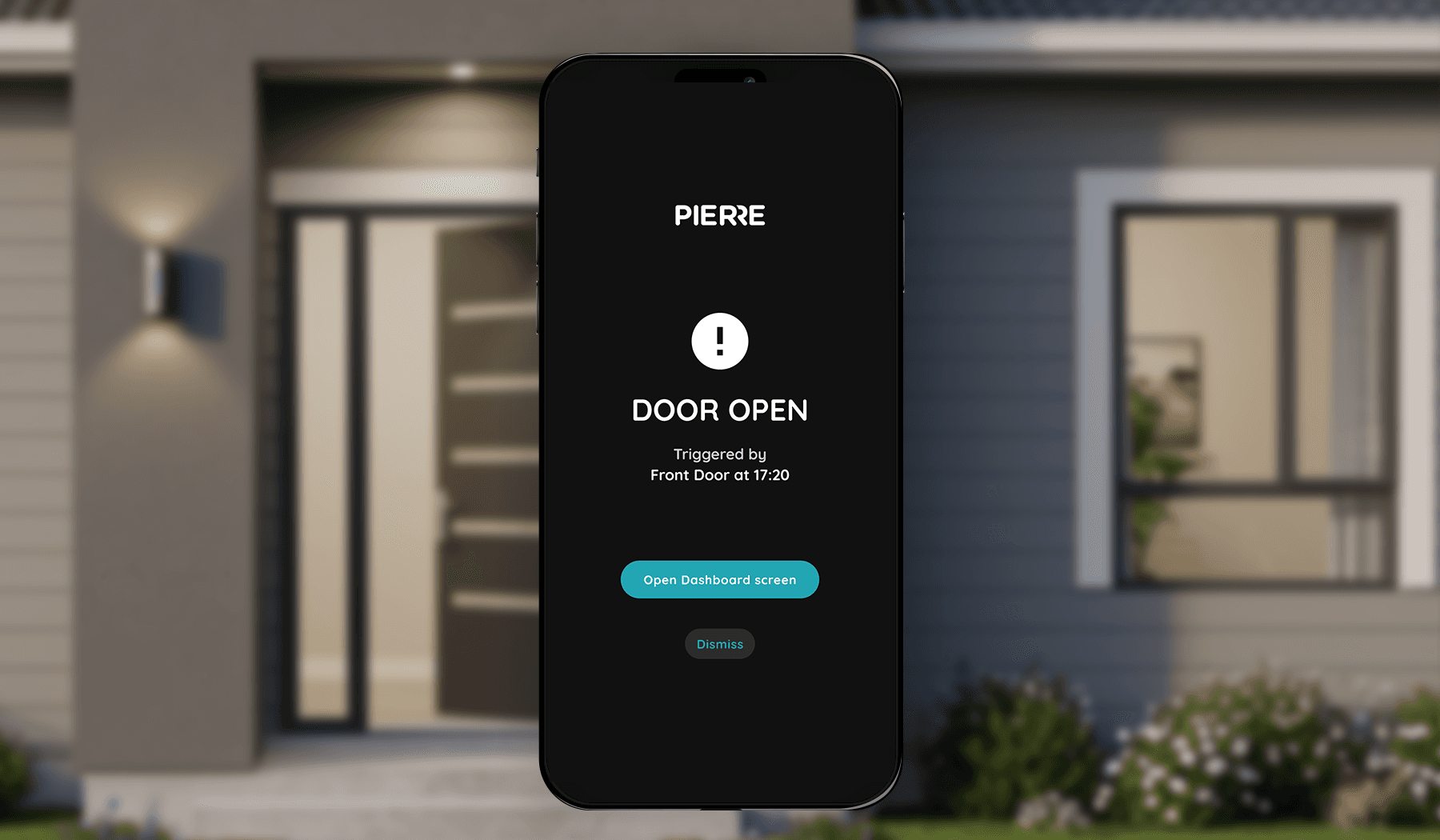 PIERRE app showing a DOOR OPEN alert triggered by the Front Door at 17:20, displayed on a phone in front of a house entrance