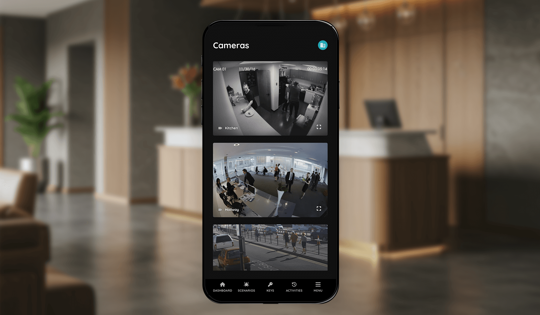 PIERRE app Cameras screen showing live feeds from Kitchen, Hallway and street cameras side by side on a phone