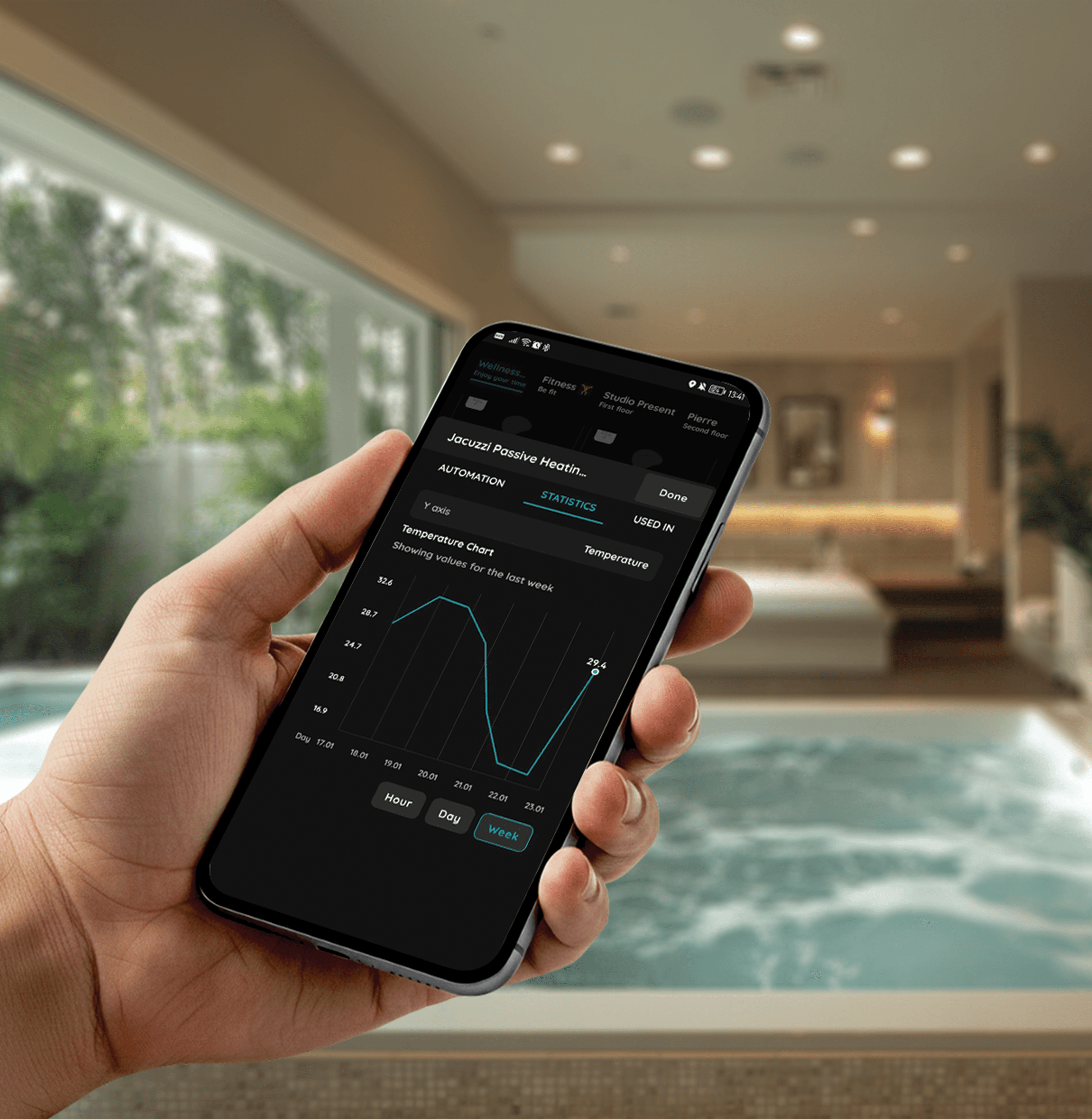 PIERRE app showing temperature and energy statistics