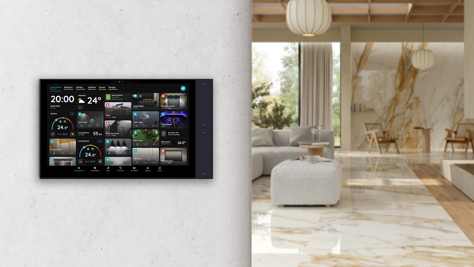 PIERRE BERLIN 10-inch wall display mounted in a bright modern living area, showing the dashboard with rooms, lights, climate and scenarios