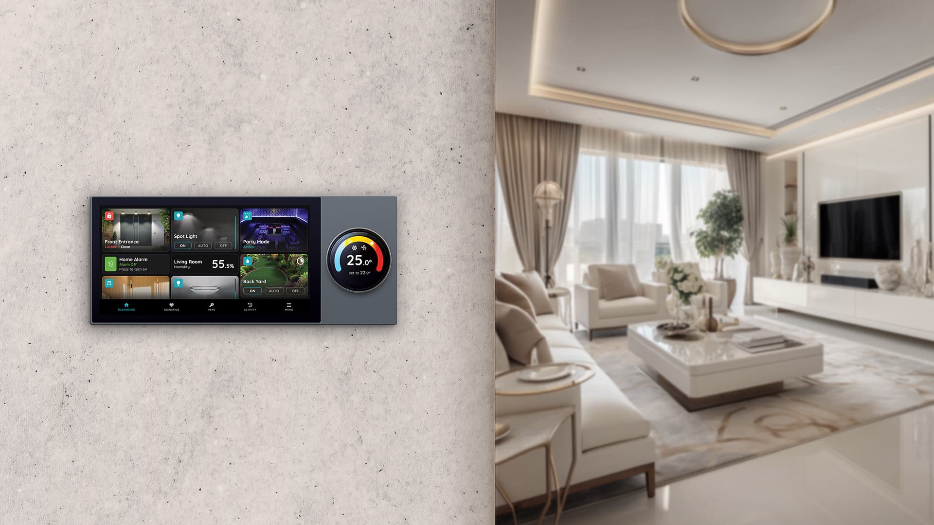PIERRE HELSINKI 6-inch wall display with rotating climate-control knob, mounted in a luxe beige living room